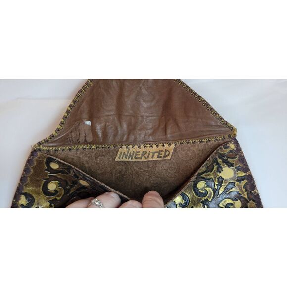 Inherited Leather Bag Wallet Clutch Engraved Scroll Metalic 10x4.5 - Picture 6 of 8